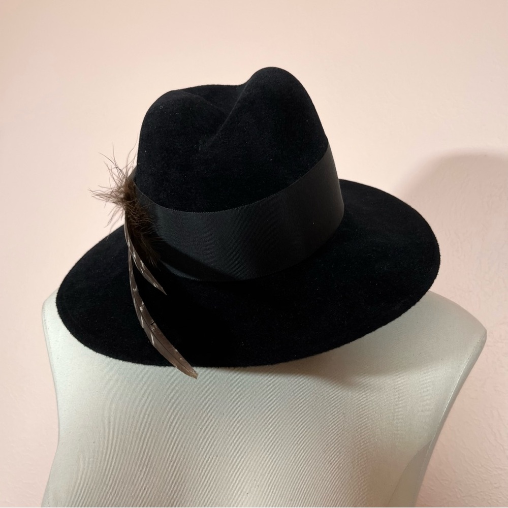 Vintage 1980 Retro Georgi Black Velvet wide flat brim Art Deco fedora Feather - Picture 11 of 16